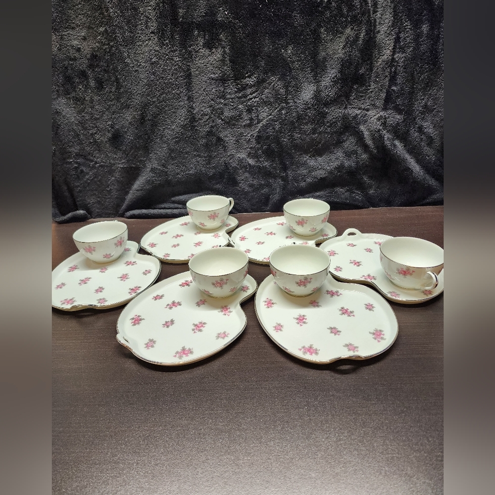 Vintage Noritake China Japan 5539 Pink Floral Snack Set 12 Piece Teacup Set